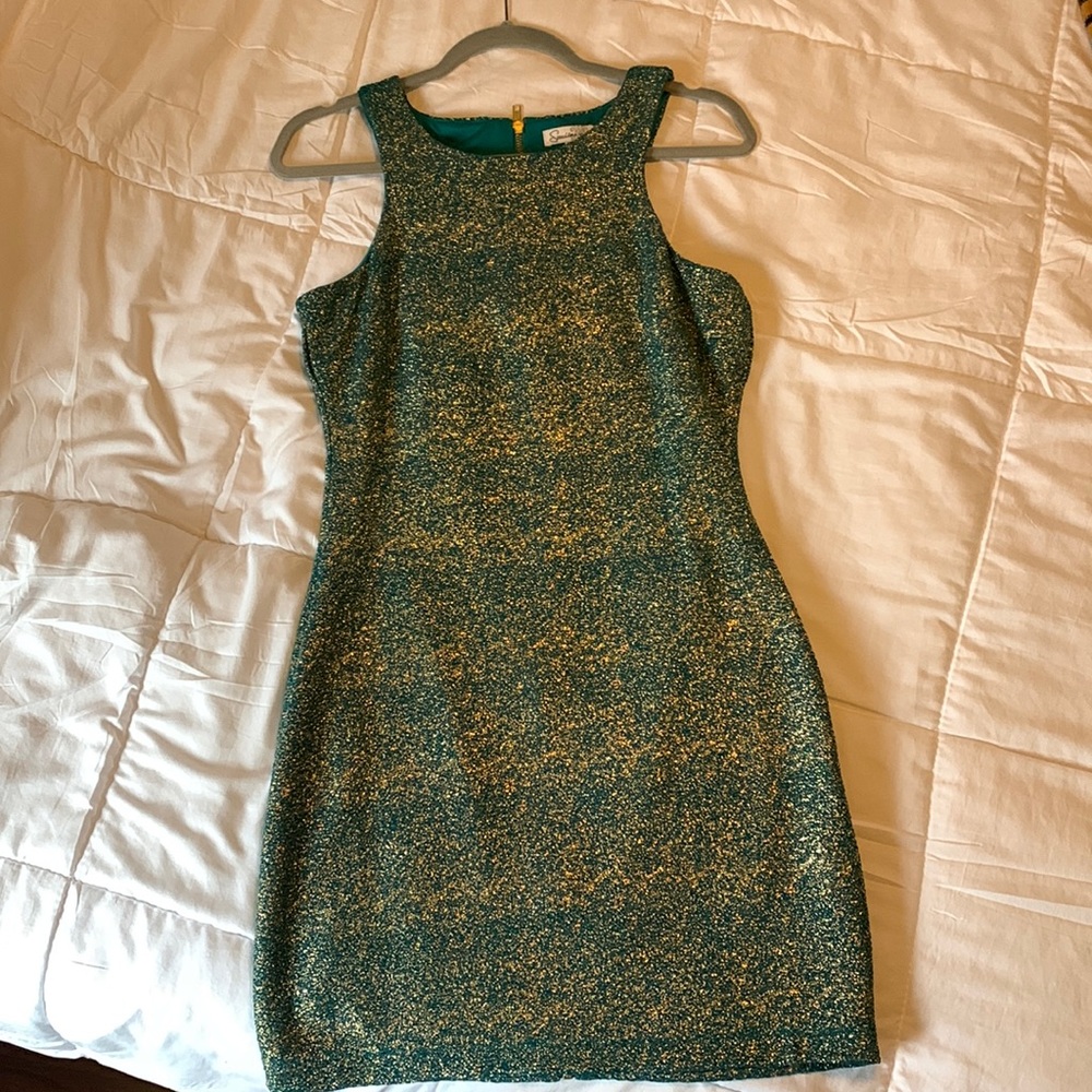 Gold shimmer teal mini dress
